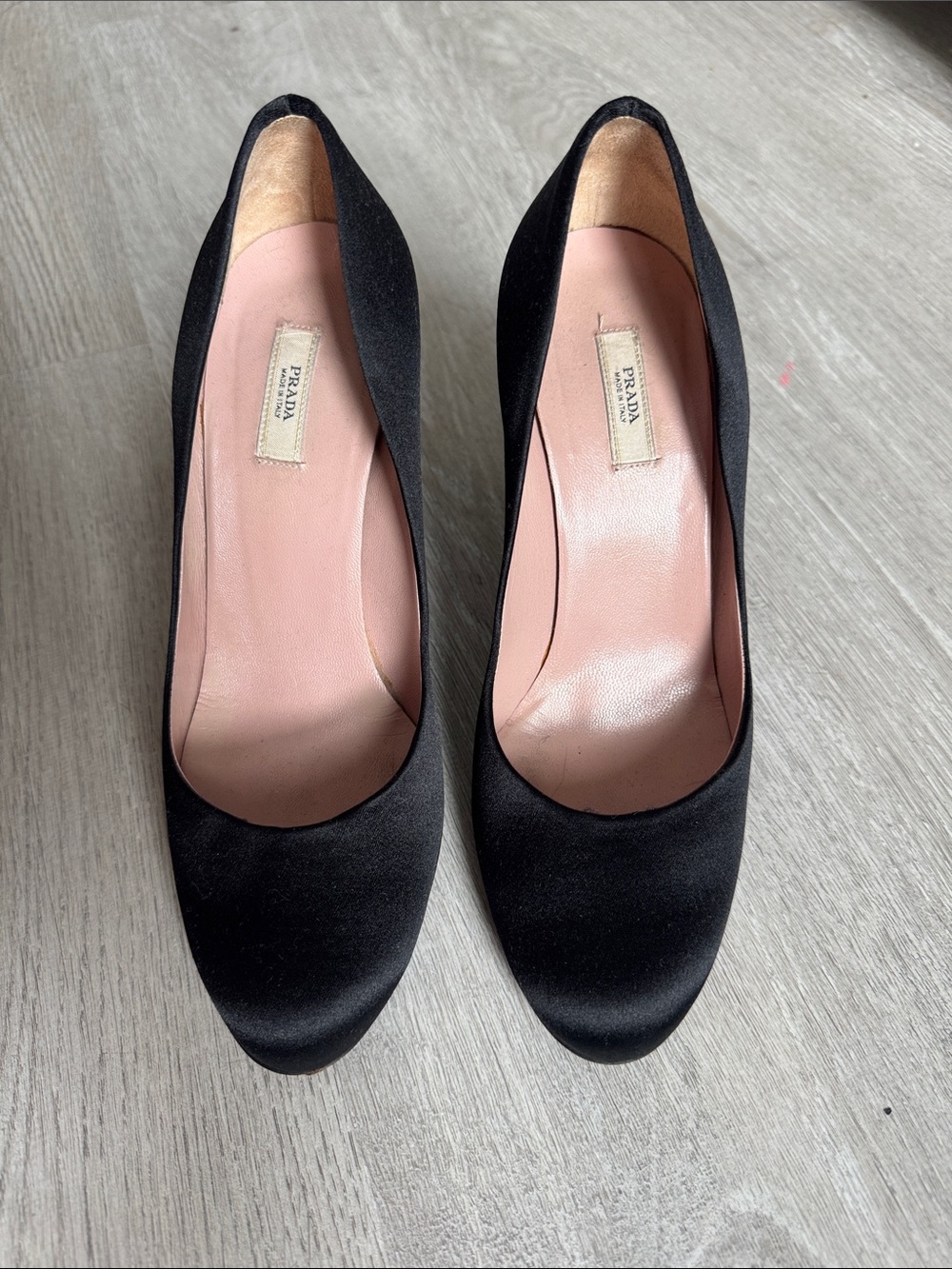 Authentic Prada Black Satin Pumps with Pink Leather Interior